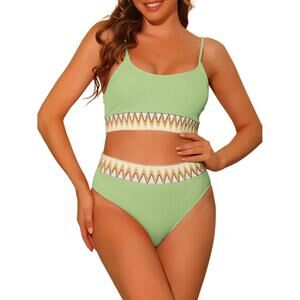 Amazon‎ Light Green Ribbed High Waisted Adjustable Strap Bikini Set XL